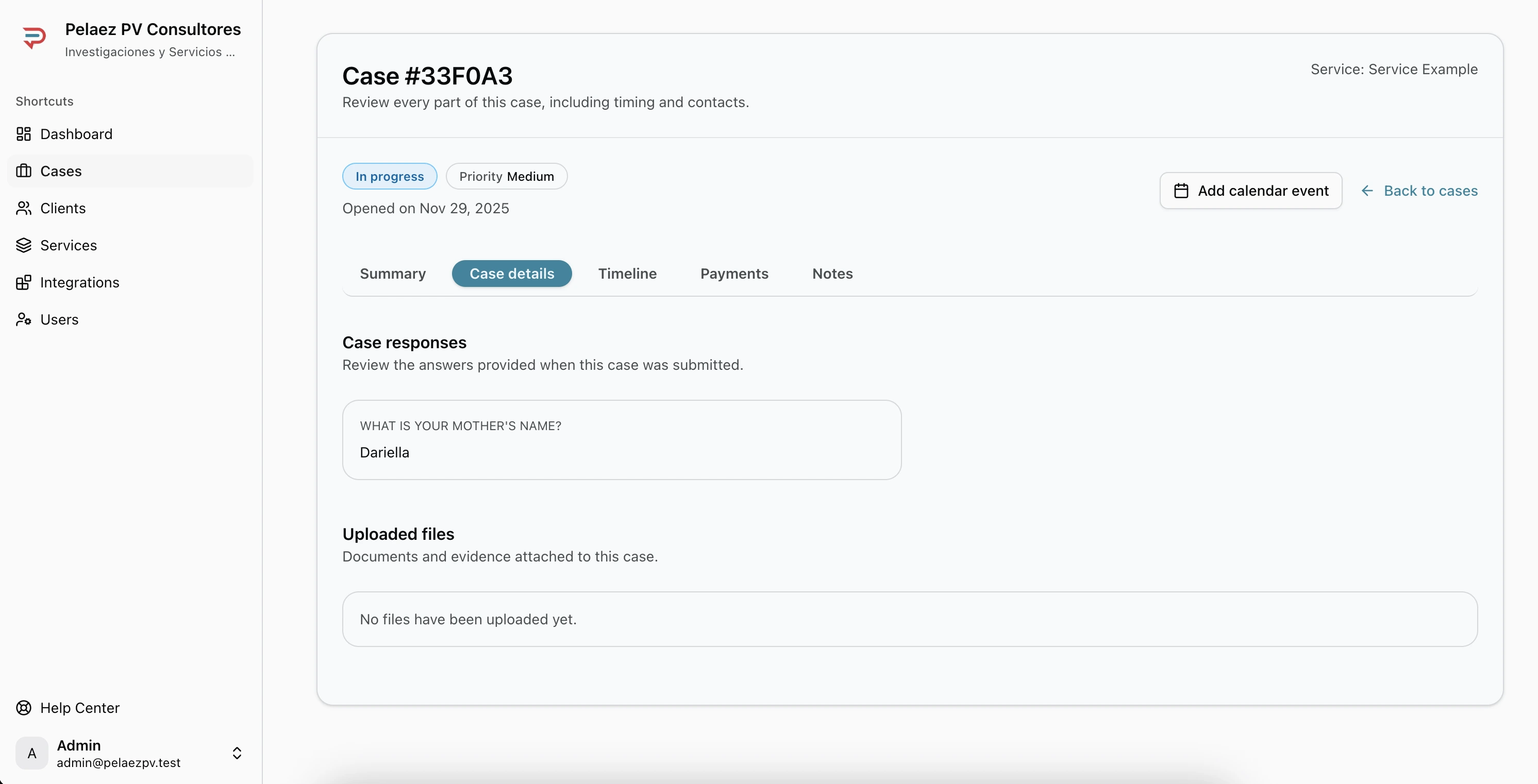 Case Details tab showing form answers and documents