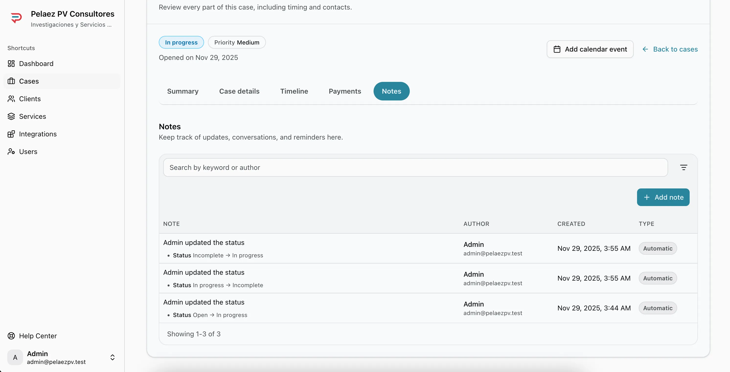 Notes tab showing manual and automatic notes