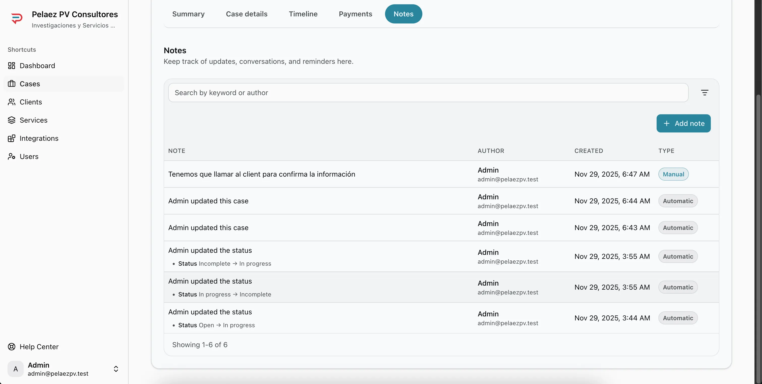 Notes tab with automatic notes listed