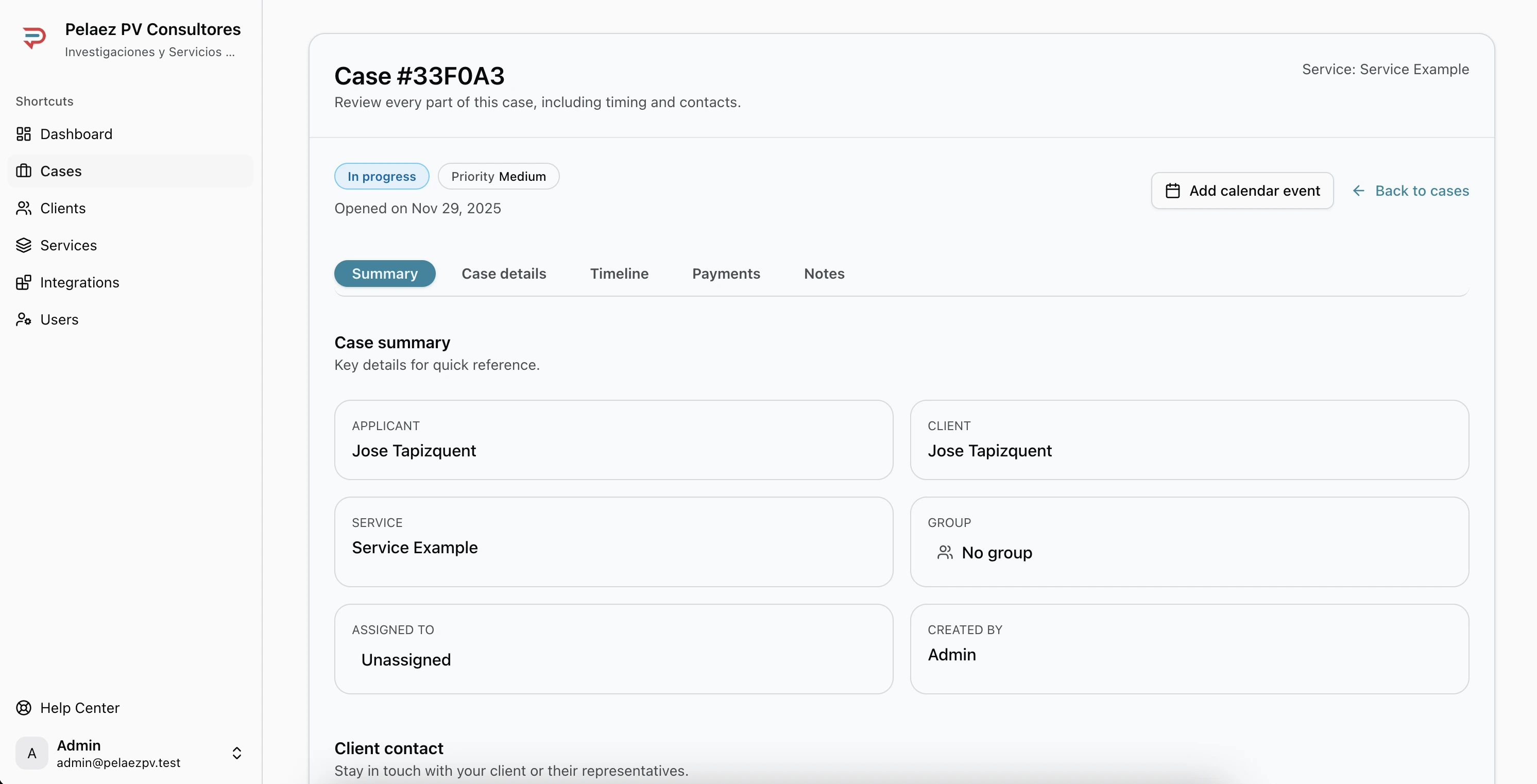 Case Overview page with tabs