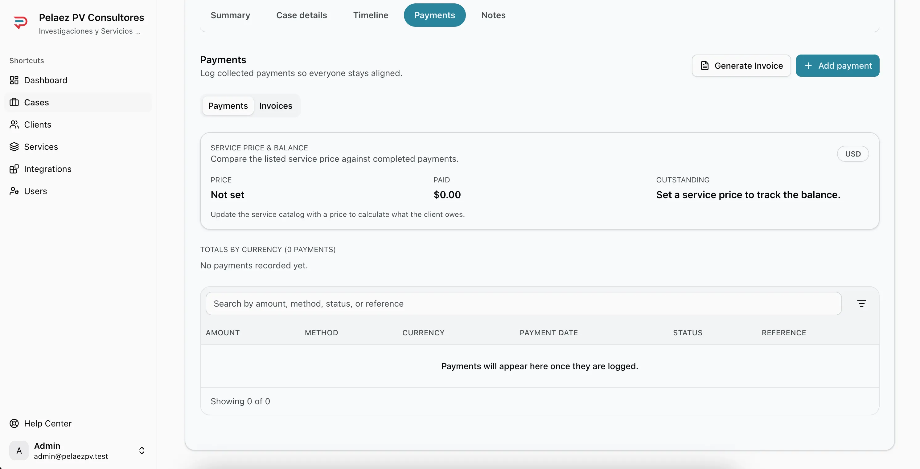 Payments tab with payment list