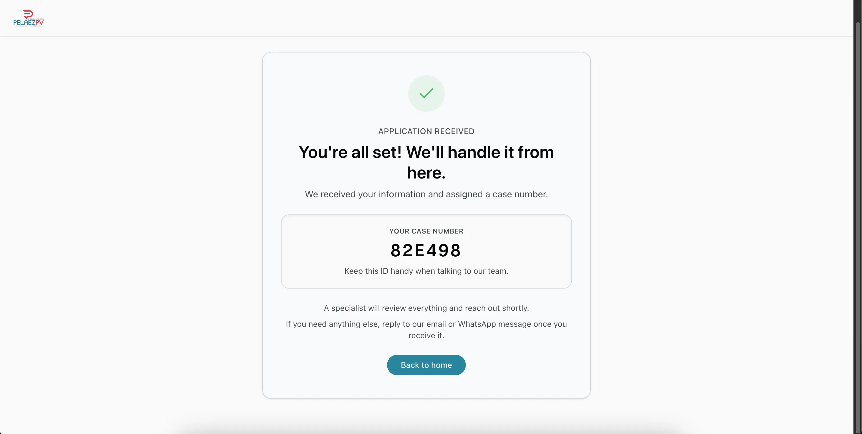Case confirmation screen with case number