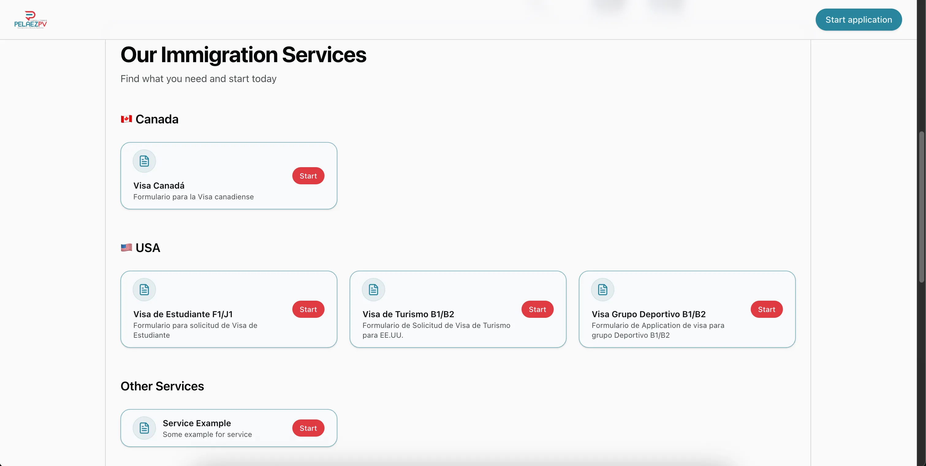 Front End service selection page