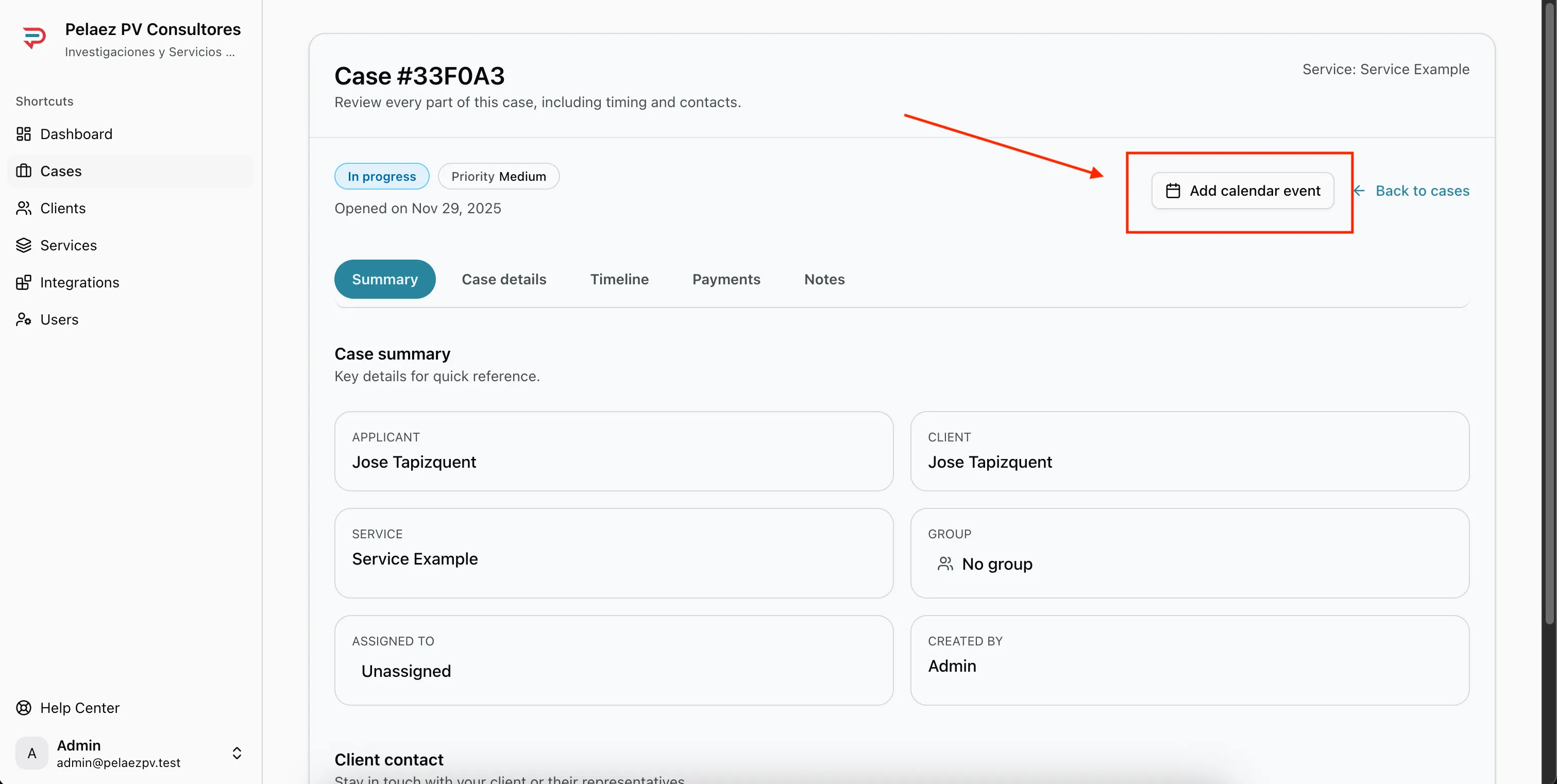 Add Event button inside a case