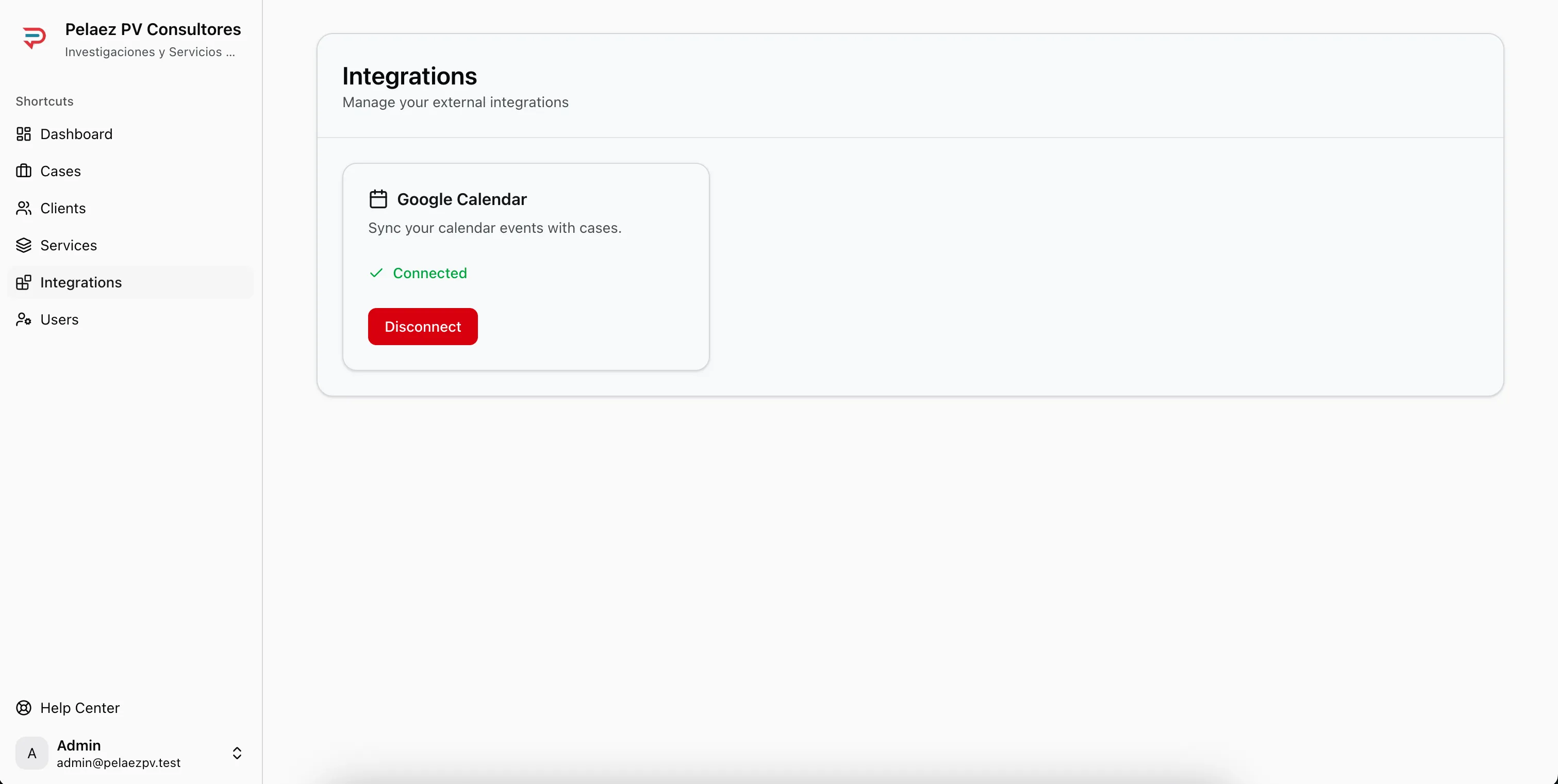 Integrations page showing Google Calendar connection