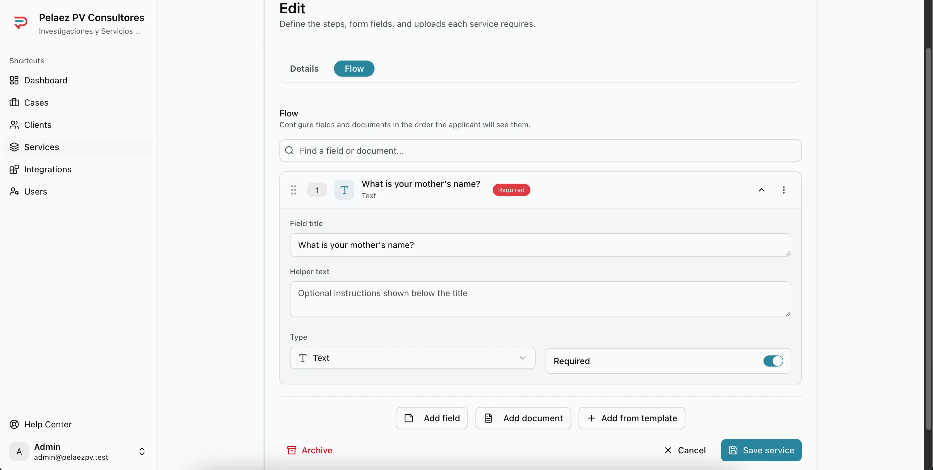 Service Flow tab with fields list