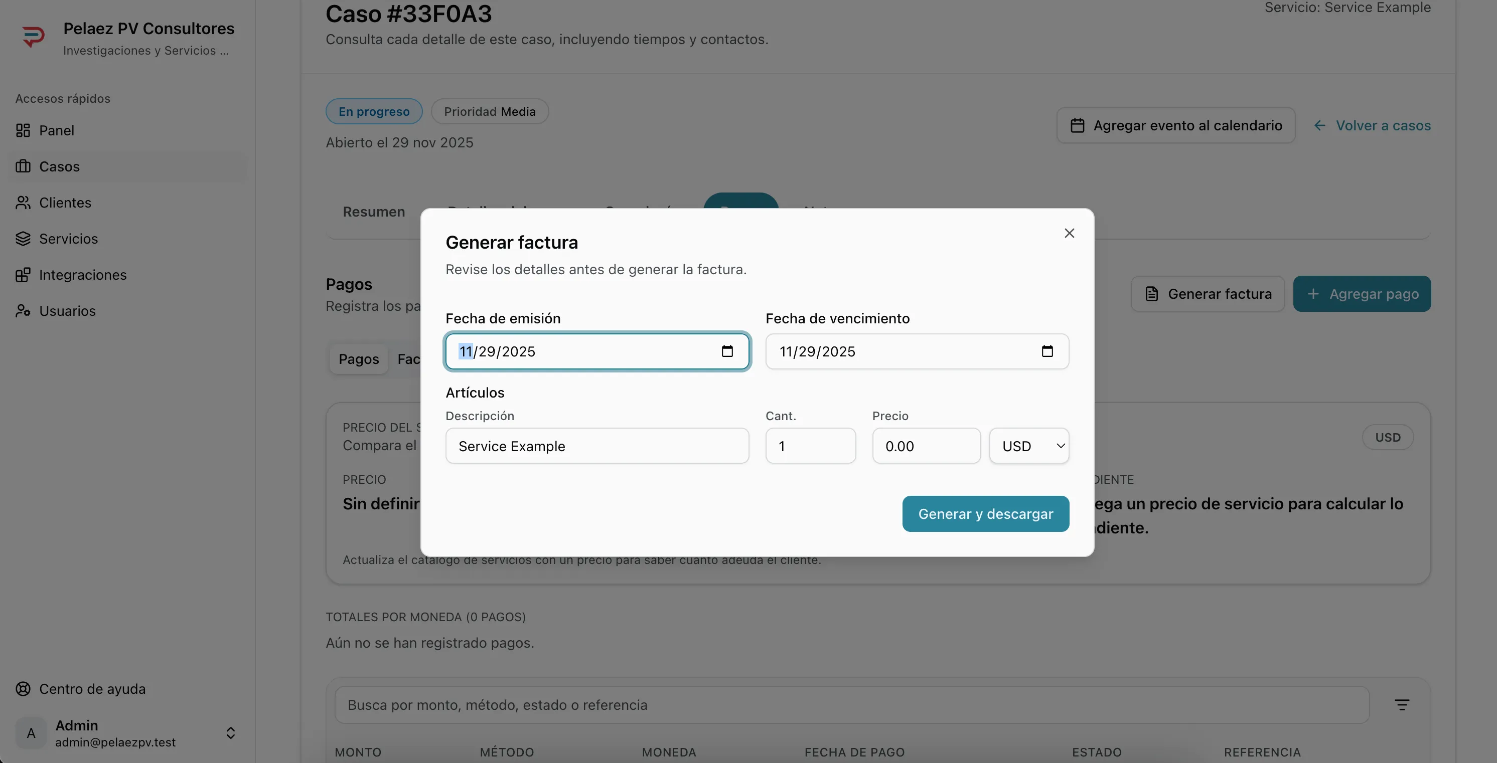 Modal para crear factura