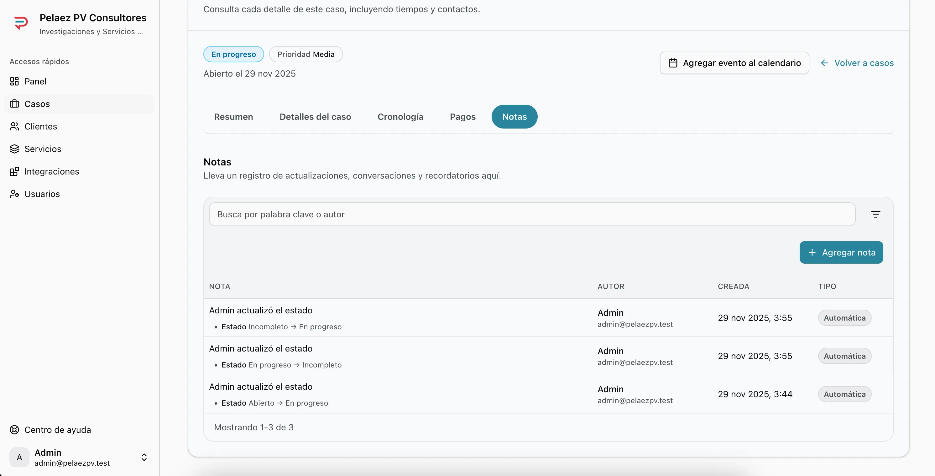 Pestaña Notas con notas manuales y automáticas