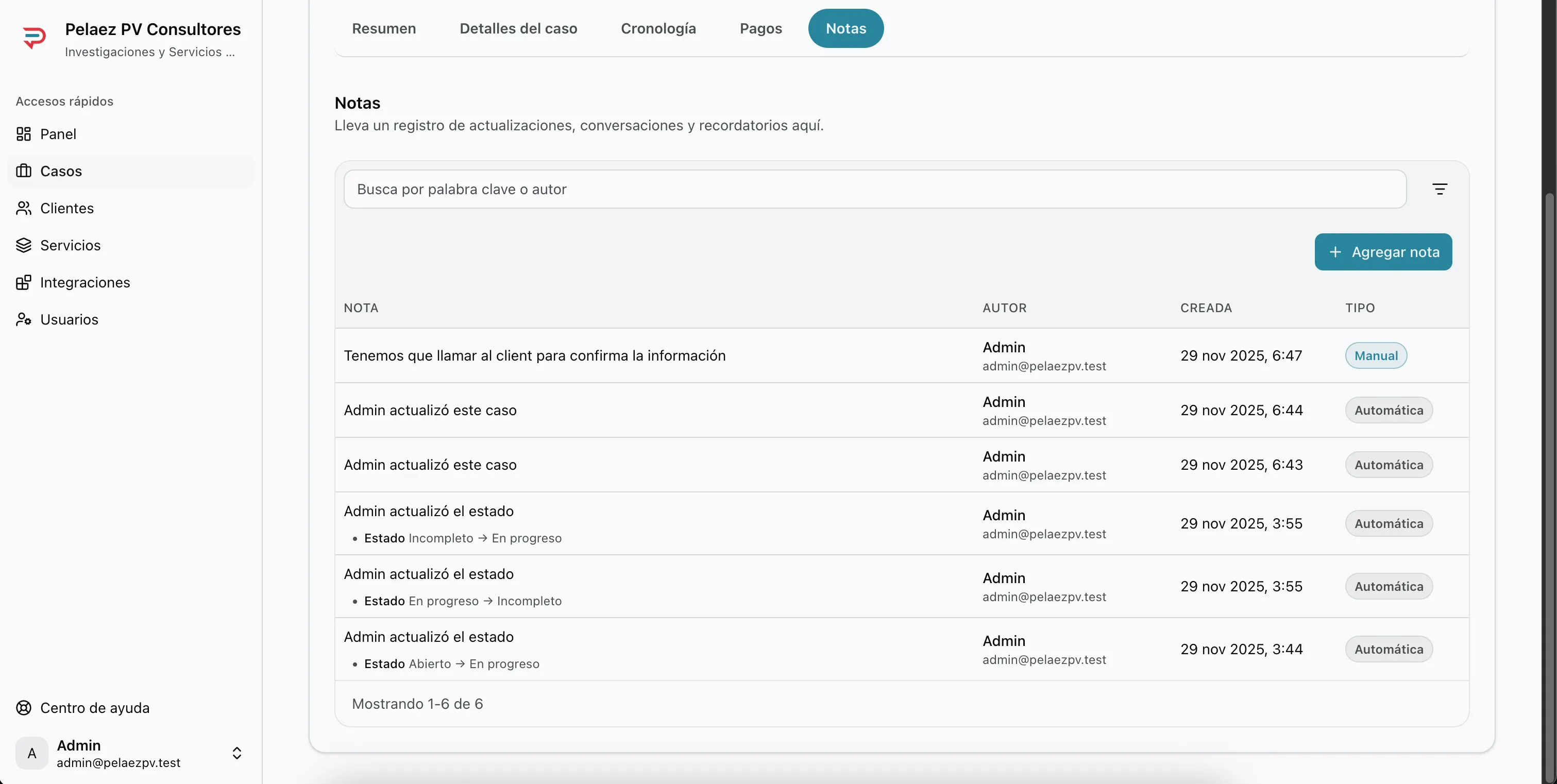 Pestaña Notas con notas automáticas listadas