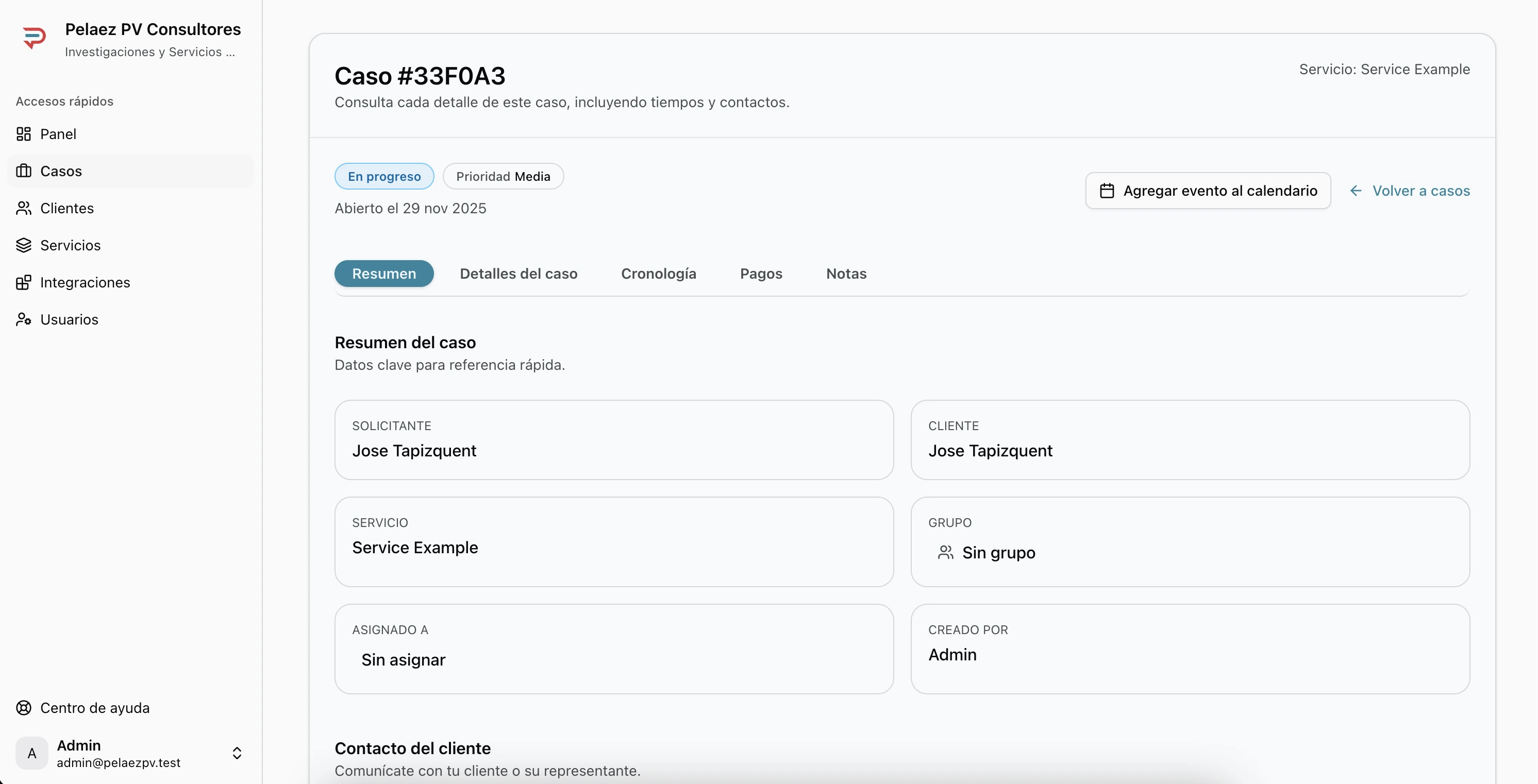 Página general del caso con pestañas