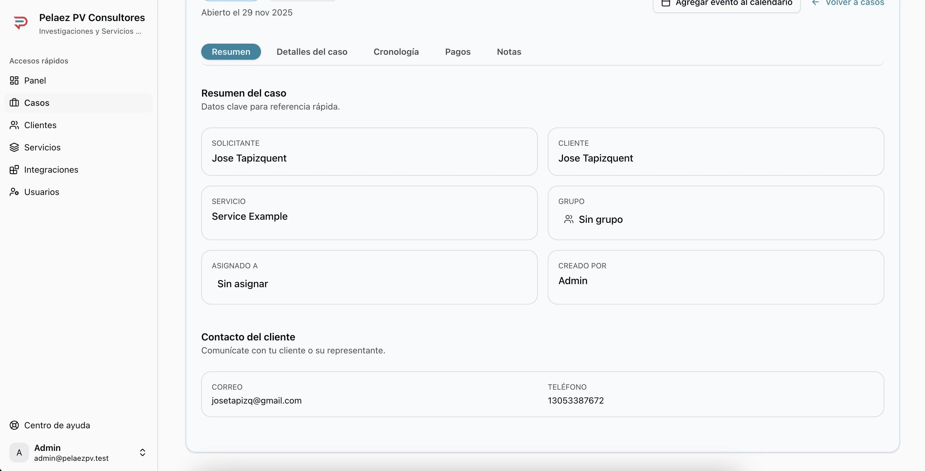 Pestaña Resumen del caso