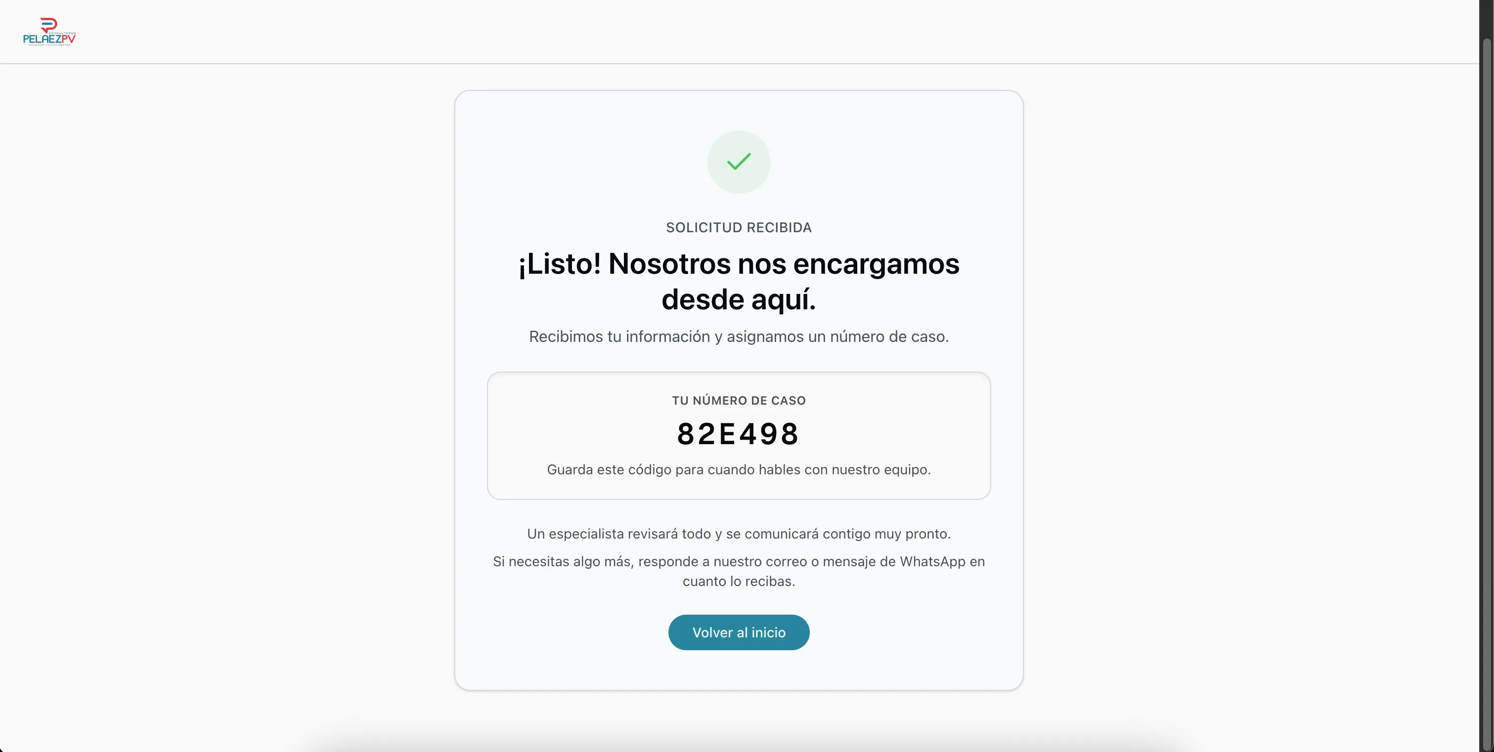 Pantalla de confirmación con número de caso