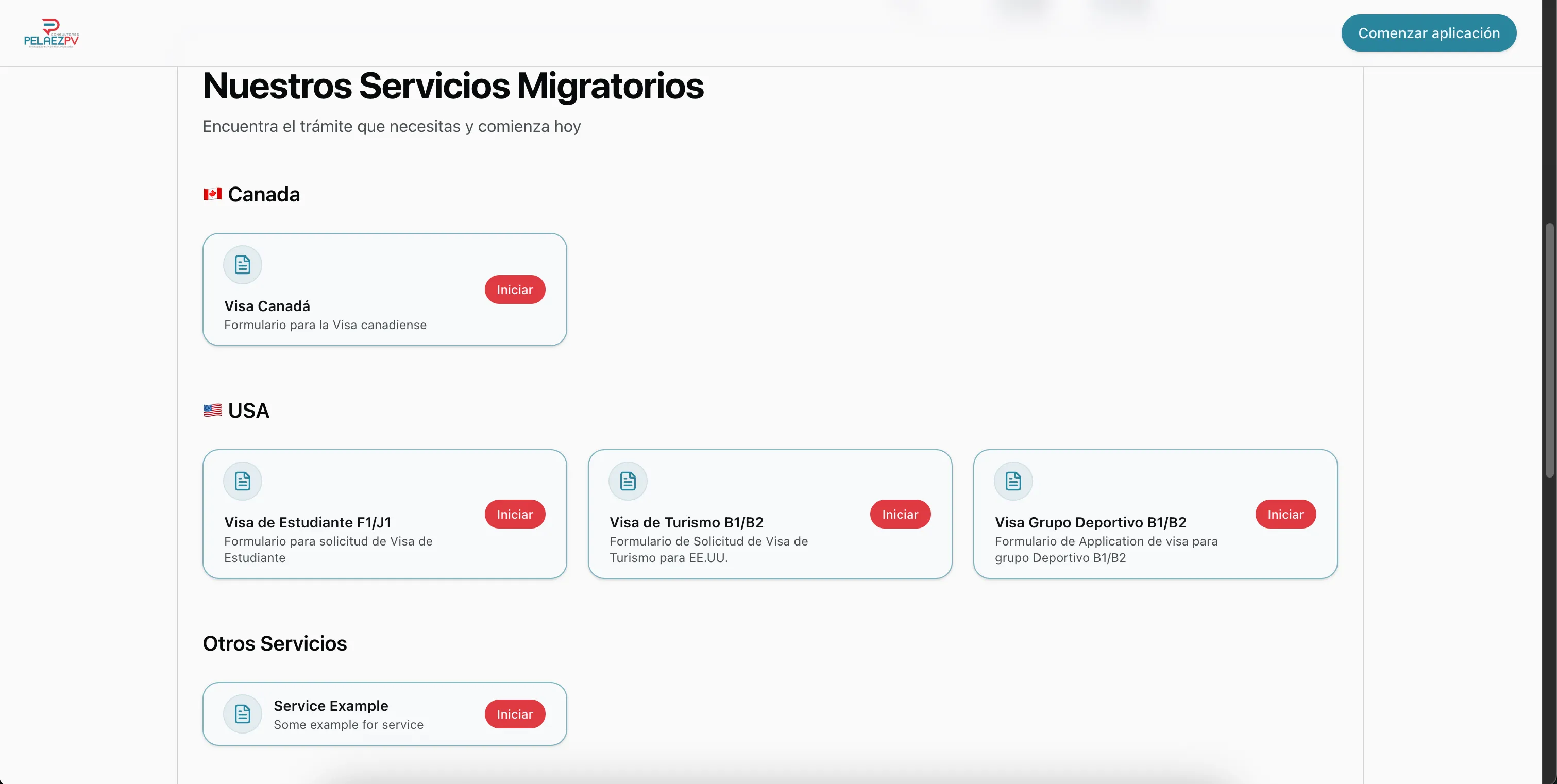 Página de selección de servicios en el portal del cliente