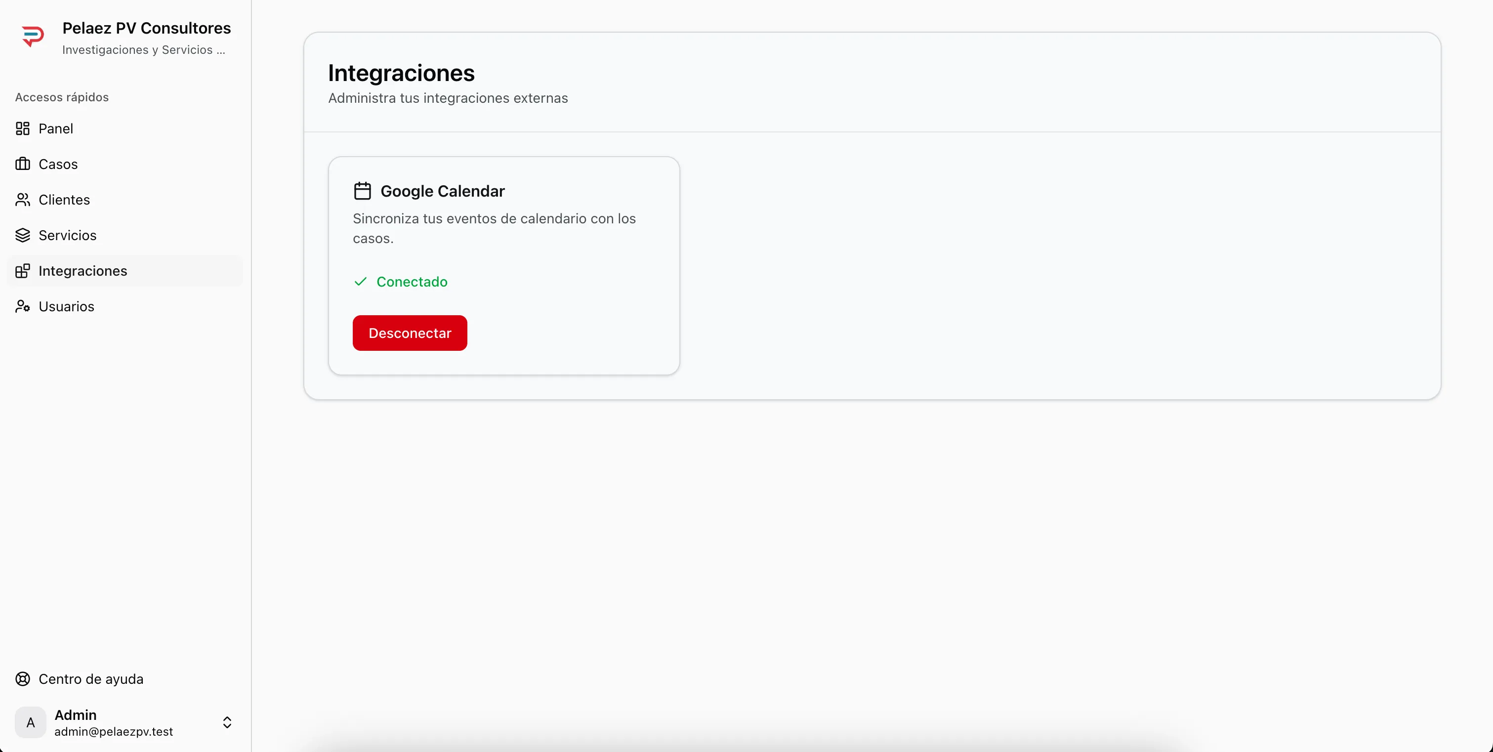 Página de Integraciones mostrando la conexión con Google Calendar
