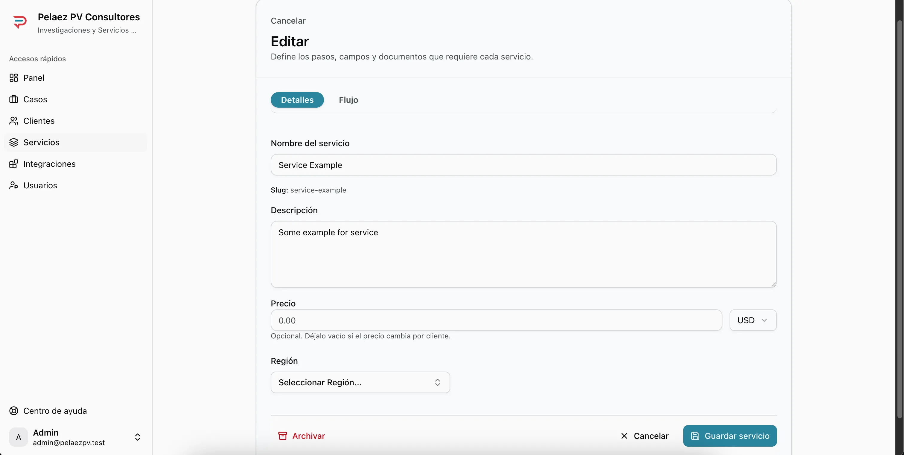 Pestaña Detalles del servicio