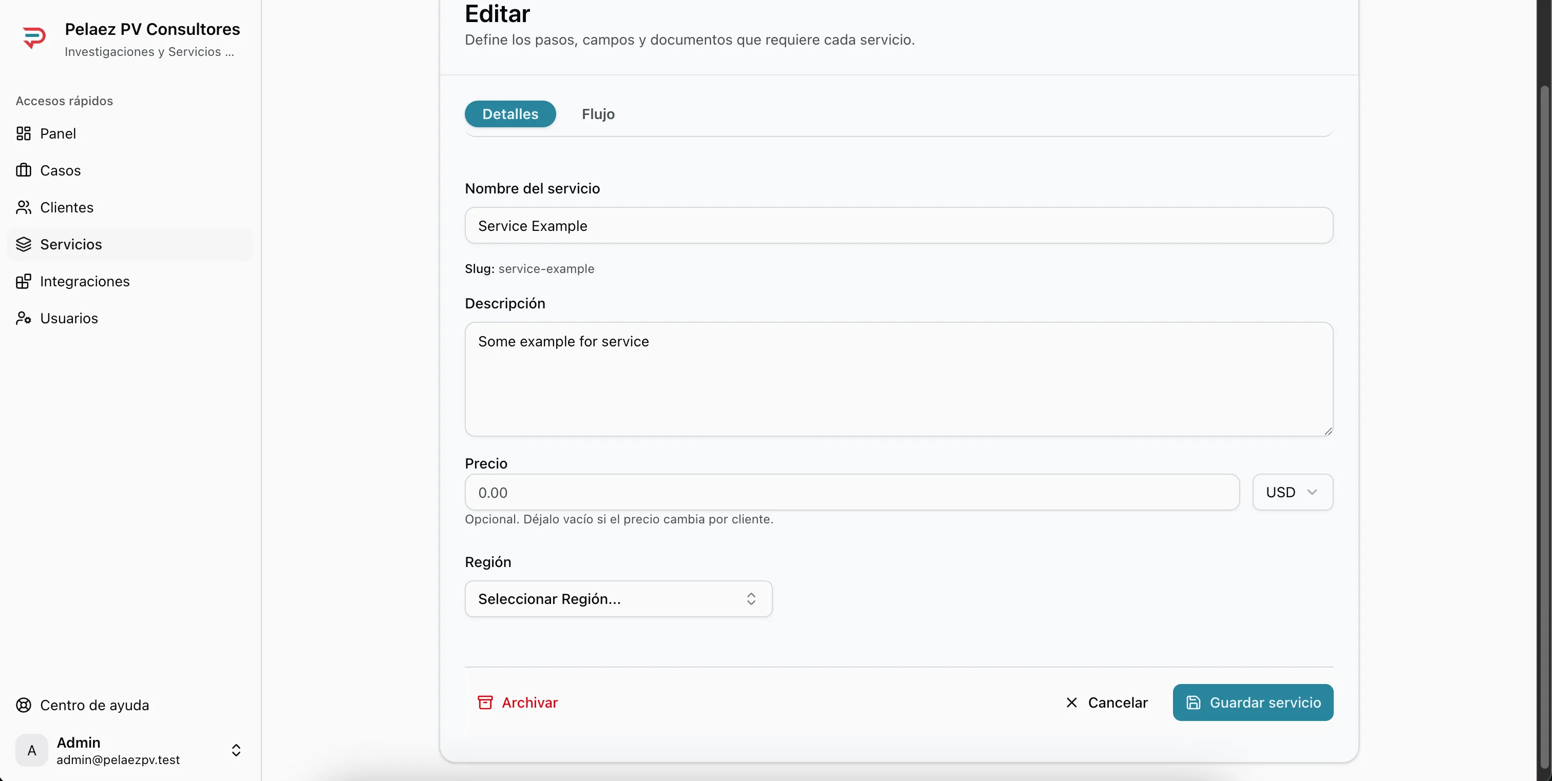 Pestaña Flujo del servicio con campos